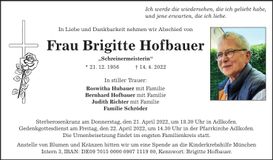 Traueranzeige Brigitte Hofbauer