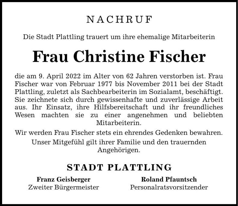 Traueranzeige Christine Fischer