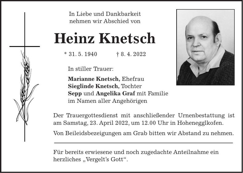 Traueranzeige Heinz Knetsch