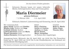 Traueranzeige Maria Diermeier