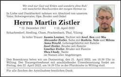 Traueranzeige Martin Zistler