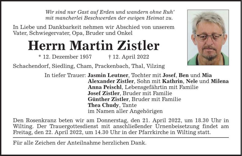 Traueranzeige Martin Zistler
