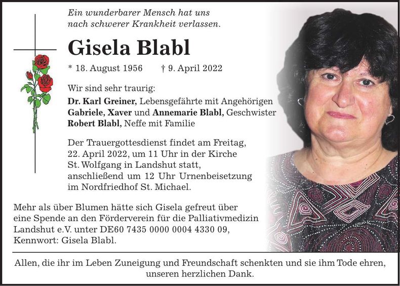 Traueranzeige Gisela Blabl