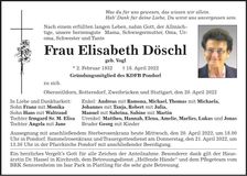 Traueranzeige Elisabeth Döschl