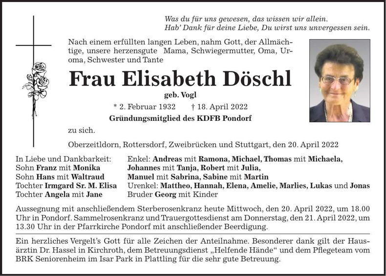 Traueranzeige Elisabeth Döschl
