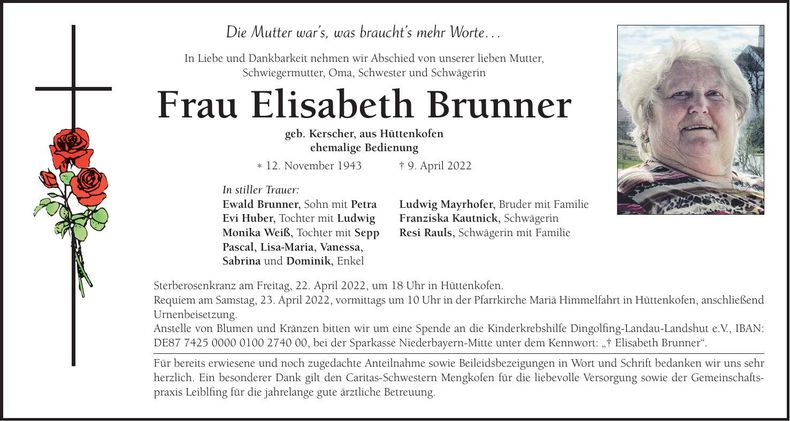 Traueranzeige Elisabeth Brunner