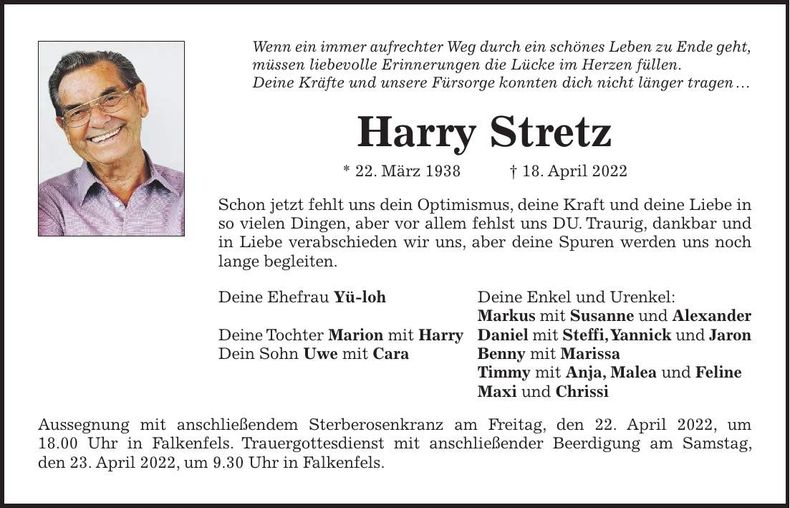 Traueranzeige Harry Stretz