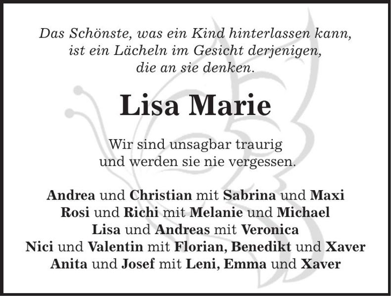 Traueranzeige Lisa Marie Lanzinger