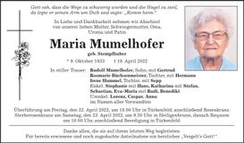 Traueranzeige Maria Mumelhofer