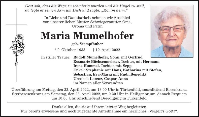 Traueranzeige Maria Mumelhofer