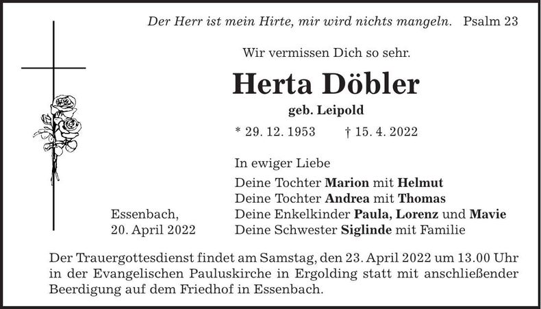 Traueranzeige Herta Döbler