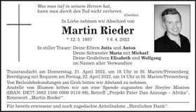 Traueranzeige Martin Rieder