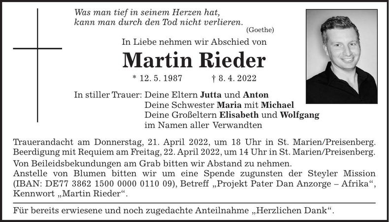 Traueranzeige Martin Rieder