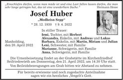 Traueranzeige Josef Huber