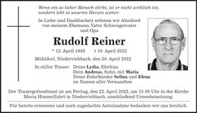 Traueranzeige Rudolf Reiner