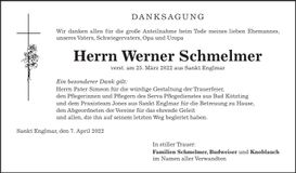 Traueranzeige Werner Schmelmer