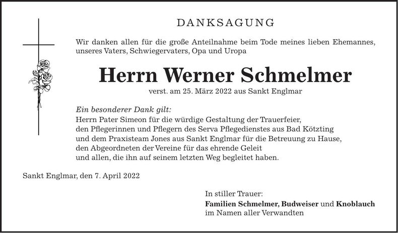 Traueranzeige Werner Schmelmer