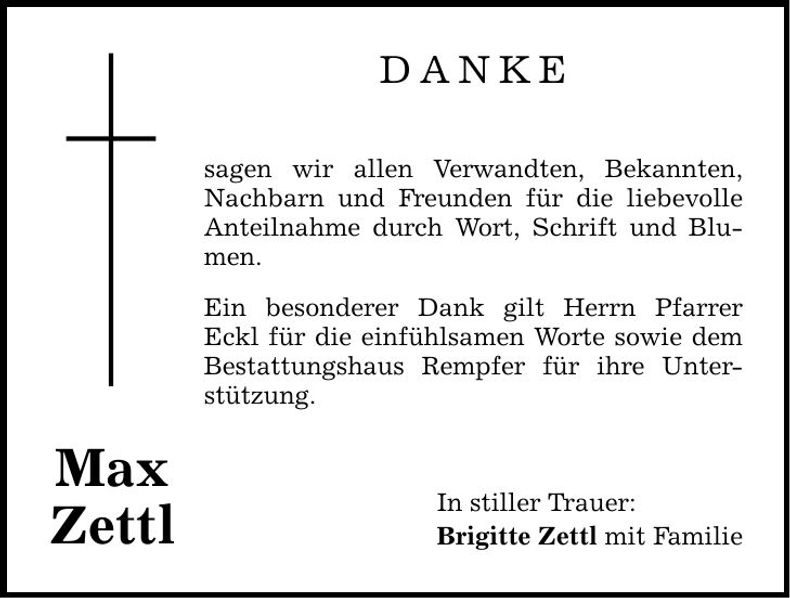 Traueranzeige Max Zettl