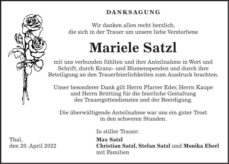Traueranzeige Mariele Satzl