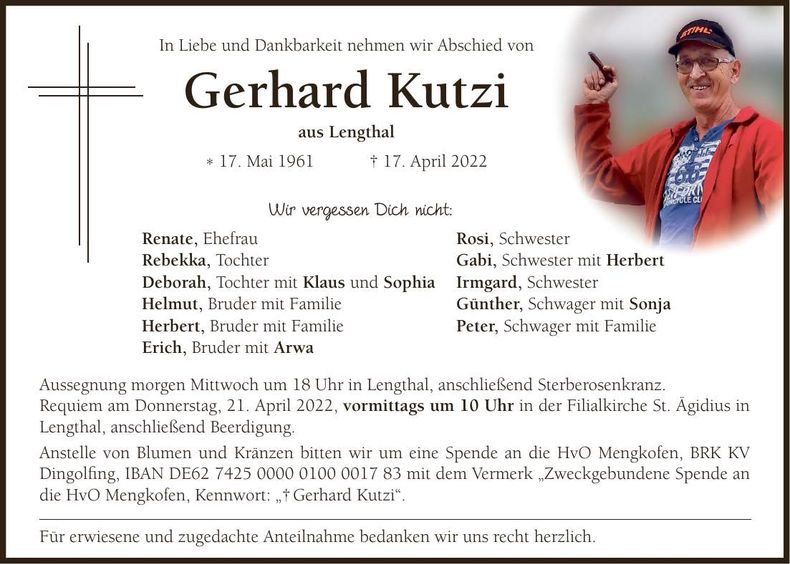 Traueranzeige Gerhard Kutzi