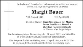 Traueranzeige Margit Bauer