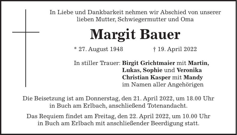 Traueranzeige Margit Bauer