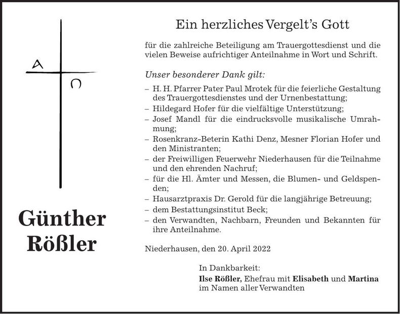 Traueranzeige Günther Rößler