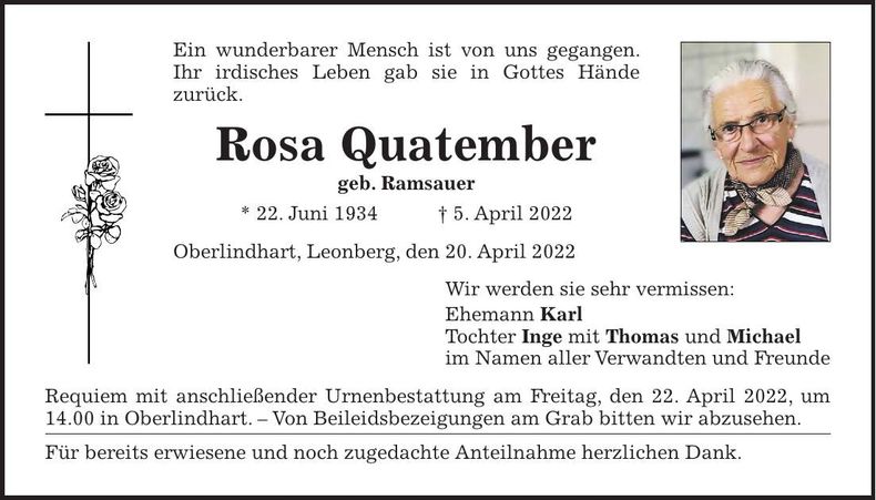 Traueranzeige Rosa Quatember