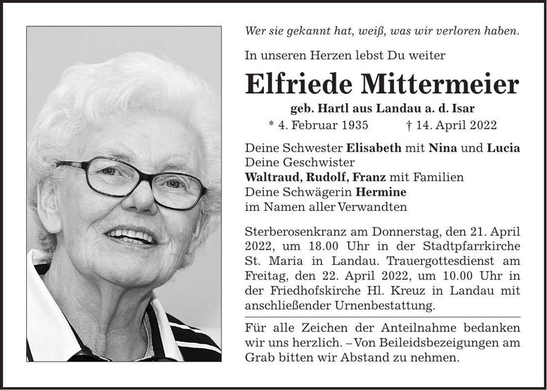 Traueranzeige Elfriede Mittermeier