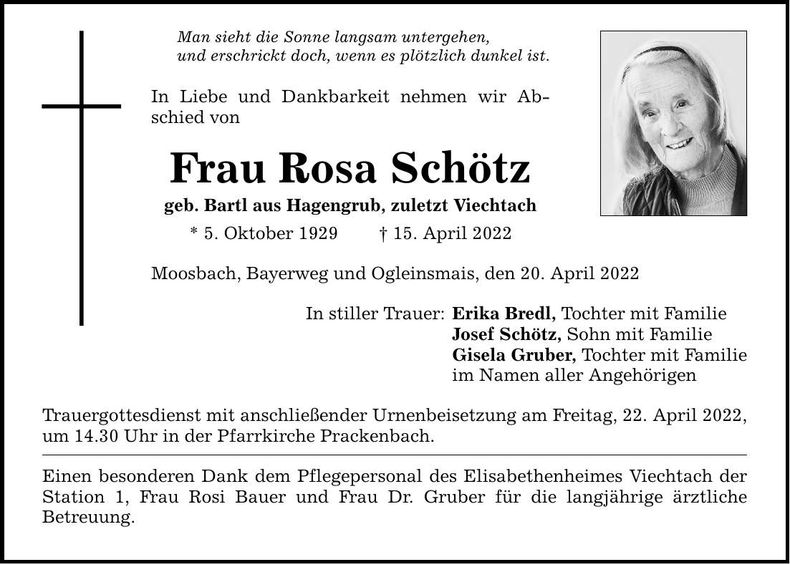 Traueranzeige Rosa Schötz