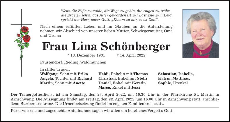 Traueranzeige Lina Schönberger