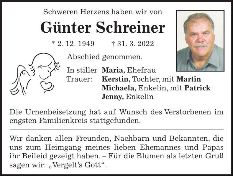 Traueranzeige Günter Schreiner