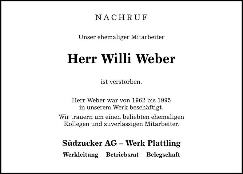 Traueranzeige Willi Weber