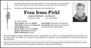 Traueranzeige Irma Pirkl