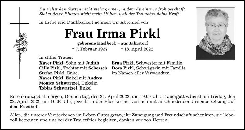 Traueranzeige Irma Pirkl