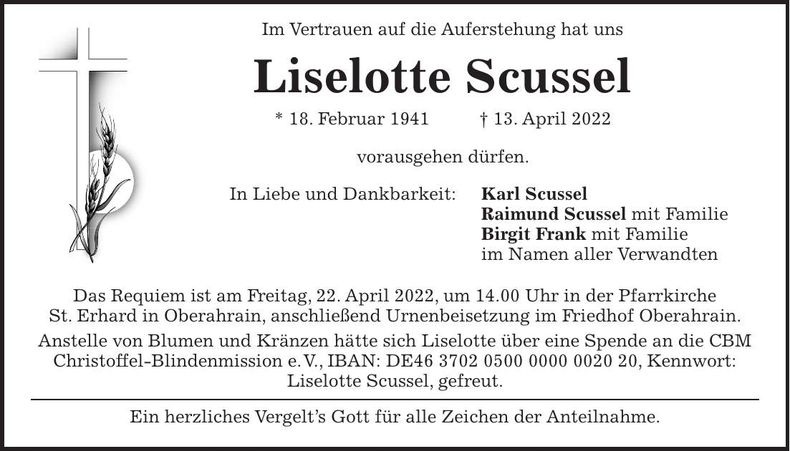 Traueranzeige Liselotte Scussel
