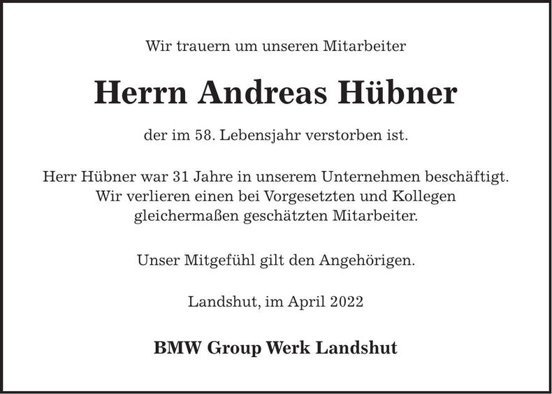 Traueranzeige Andreas Hübner