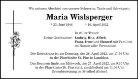 Traueranzeige Maria Wislsperger