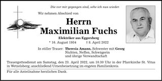 Traueranzeige Maximilian Fuchs