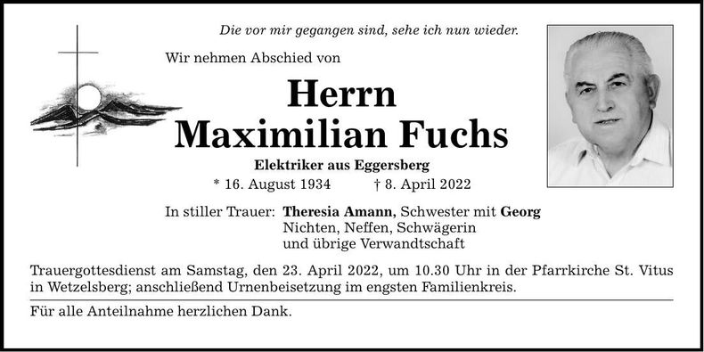 Traueranzeige Maximilian Fuchs