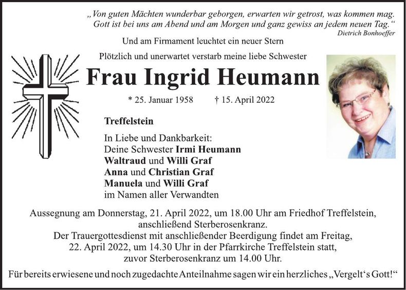 Traueranzeige Ingrid Heumann