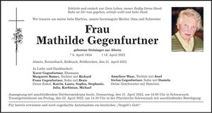 Traueranzeige Mathilde Gegenfurtner
