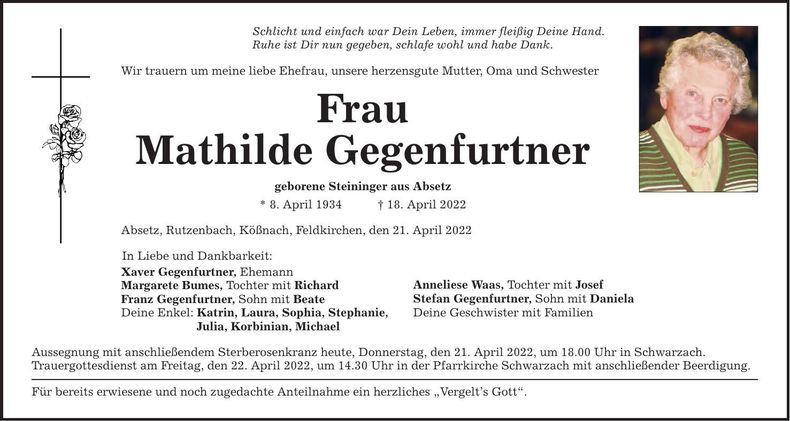 Traueranzeige Mathilde Gegenfurtner