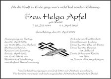 Traueranzeige Helga Apfel