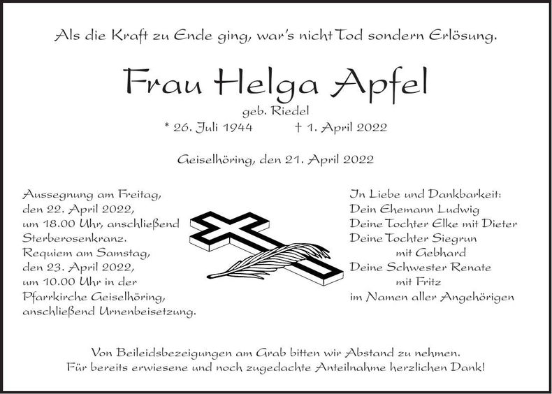Traueranzeige Helga Apfel