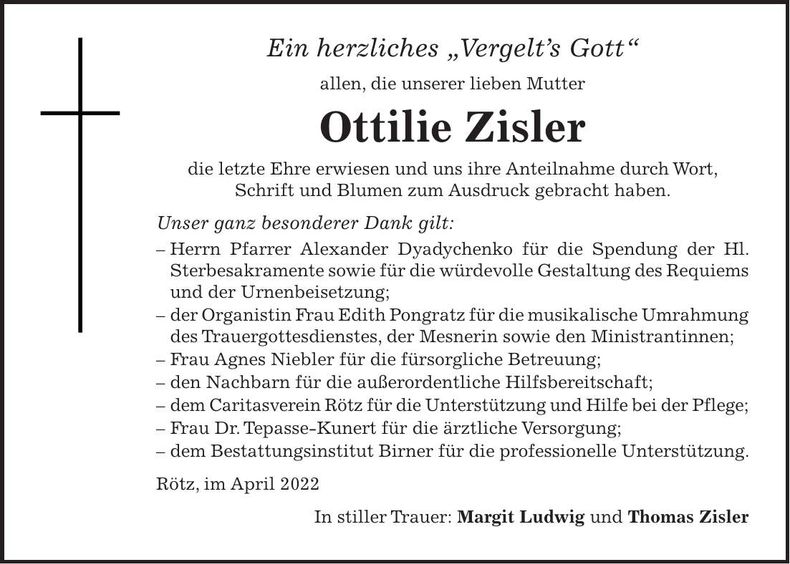 Traueranzeige Ottilie Zisler