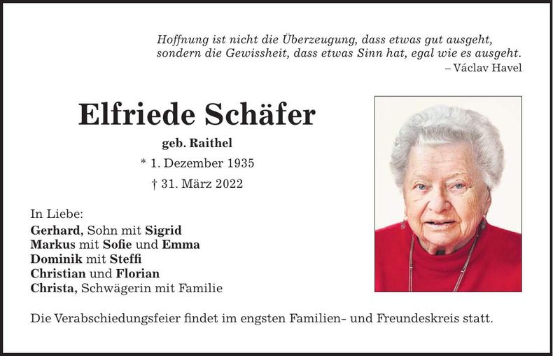 Traueranzeige Elfriede Schäfer