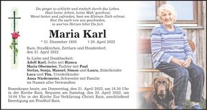 Traueranzeige Maria Karl