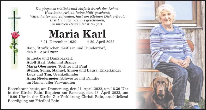 Traueranzeige Maria Karl