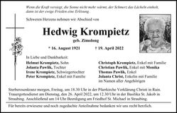 Traueranzeige Hedwig Krompietz